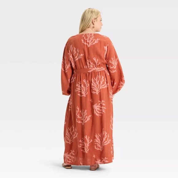 NWT Ava & Viv Rust Coral Print Wrap Maxi Dress Size XXL - Picture 3 of 3